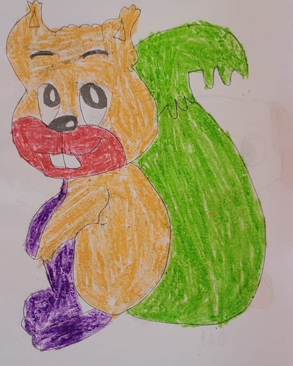 A learner’s bright coloured drawing of a squirrel with a big green tail